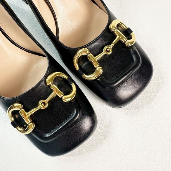 GUCCI Black Baby Bit Horsebit Square Toe Pump Size 40 US 10 Leather Block Heel - Picture 4 of 14